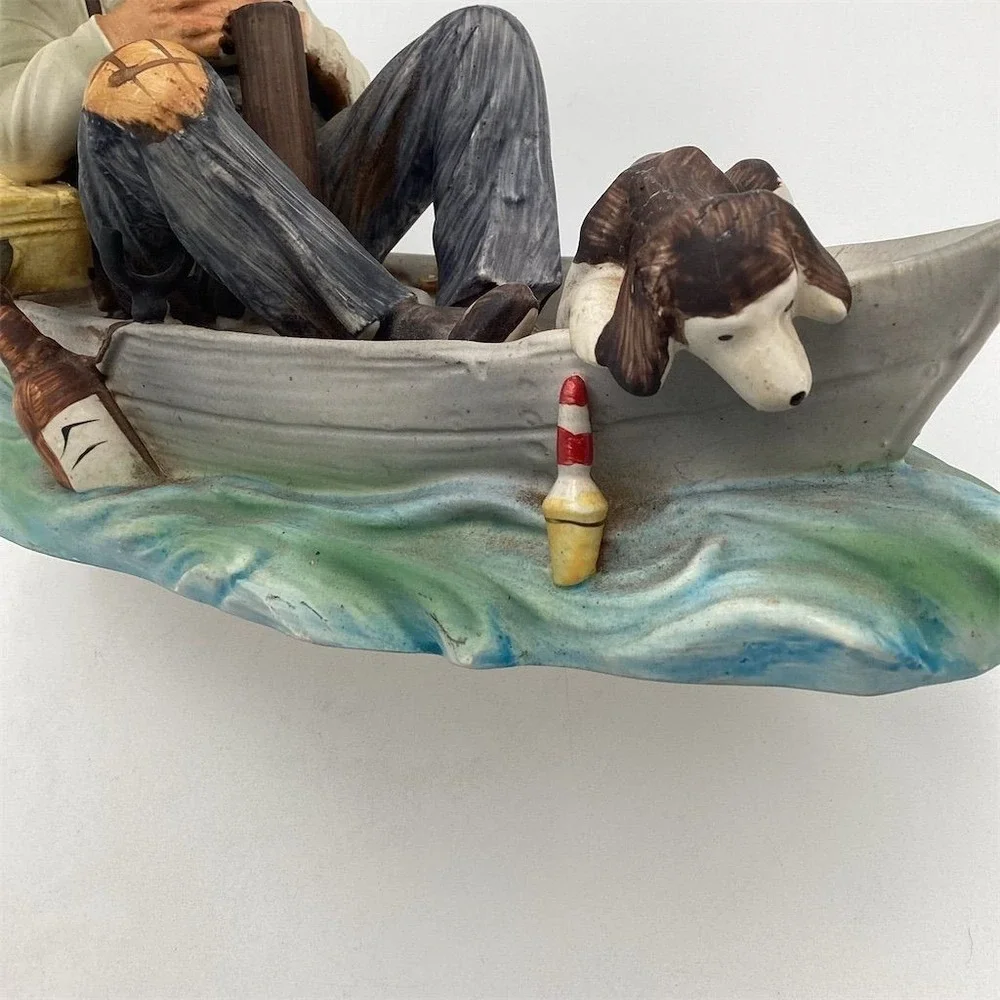Vintage Ceramic Sleeping‎ Fisherman with Dog Figurine Nautical Decor